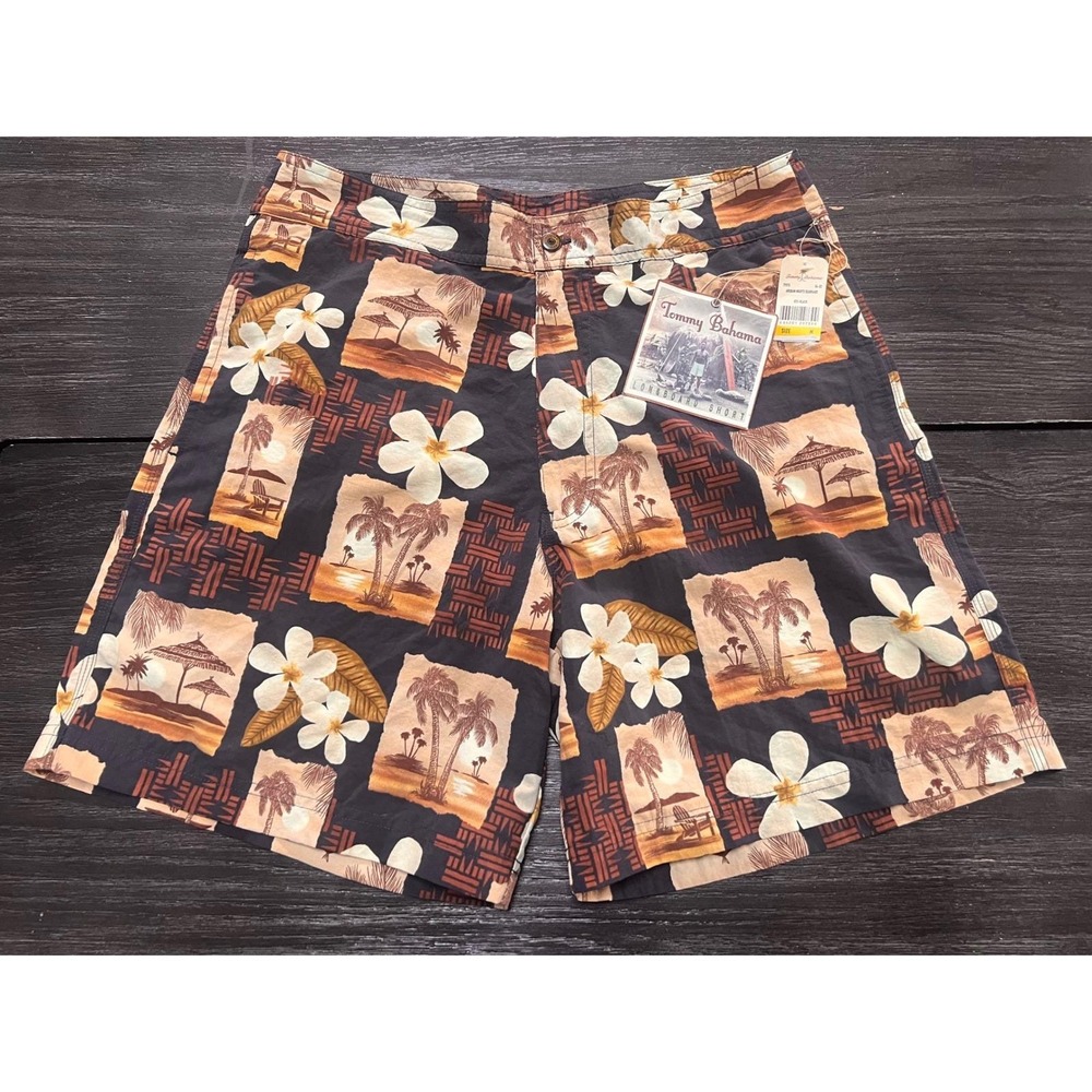 Vintage Tommy Bahama Aruban Nights Swim Longboard Shorts 7" Black Brown Floral M